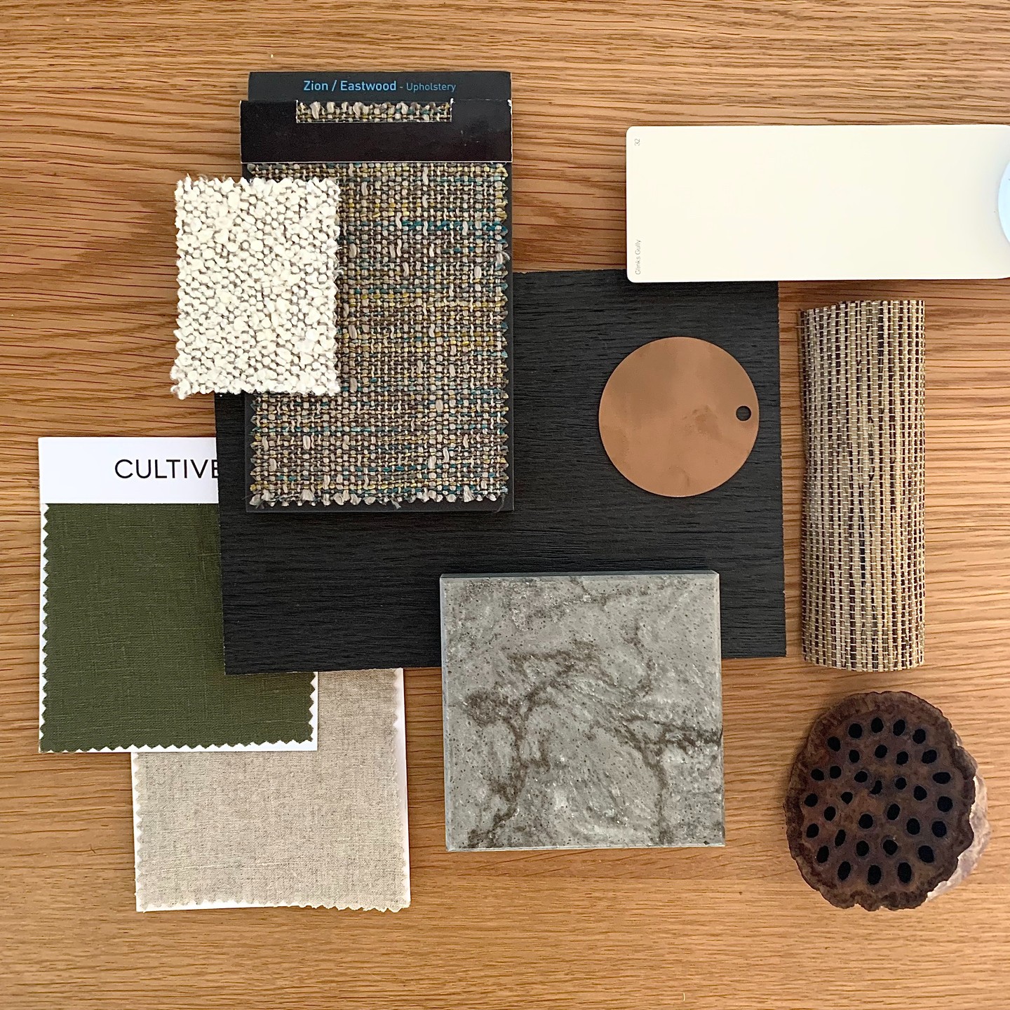 A moody and autumnal palette, eminating warmth and tactility. This flatlay was created for a client who wanted to update his city pad. 
.
.
.
.
📷 by @newtonandkay 
#newtonandkay #flatlay #interiordesign #textile #copper #kitchendesign #cabinetry #fabric #earthytones #autumn #oak #linen #homedecor #interiordesignnz  #homestyle #kitchendesign #greenbeauty #copper #lotus #designinspo #renovation #renovationinspiration #homerenovation #renovationproject #howyouhome